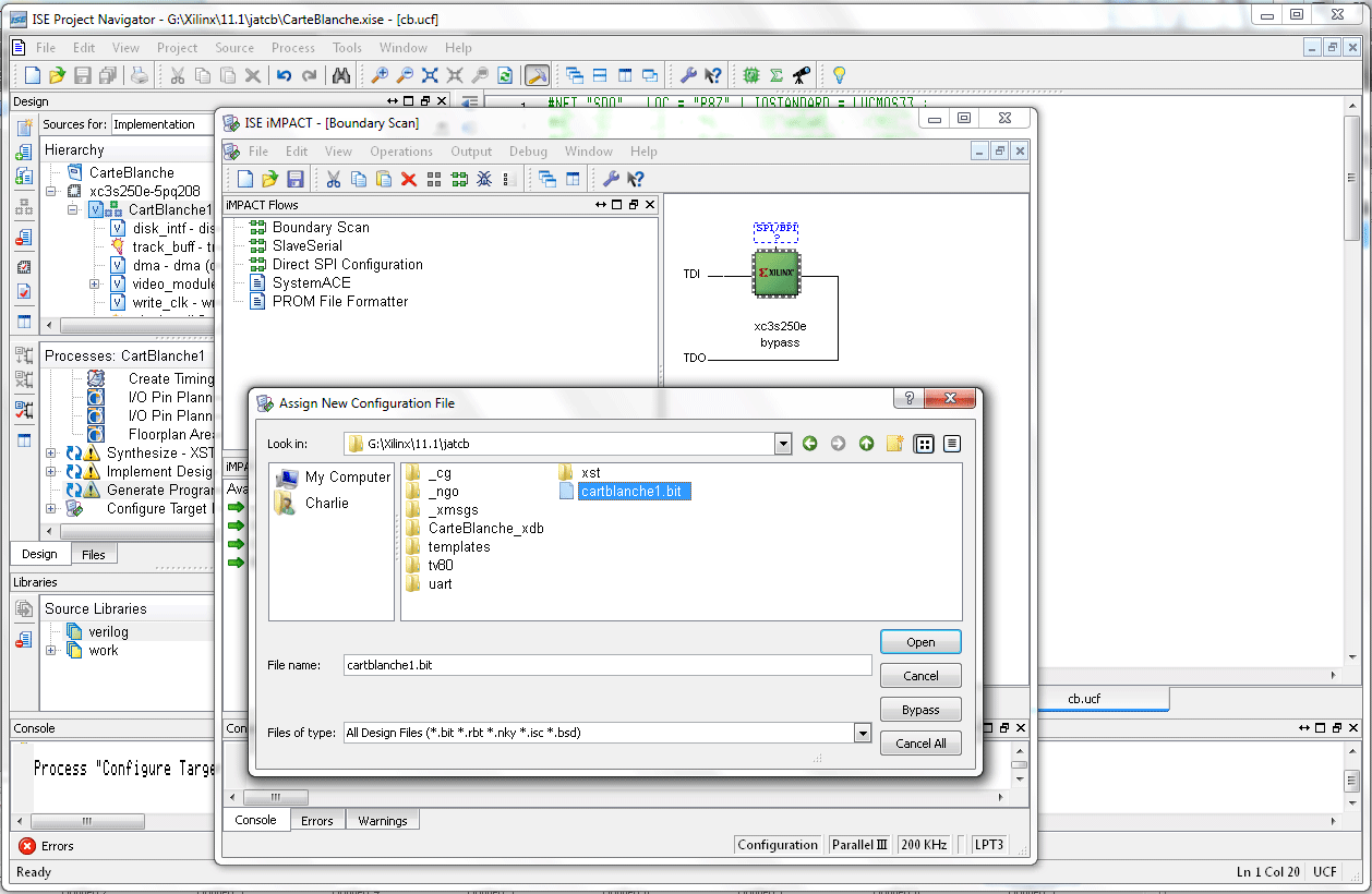 screenshot of Project Navigator, iMPACT - Boundary Scan and Assign New Configuration File window with cartblanche1.bit file selected