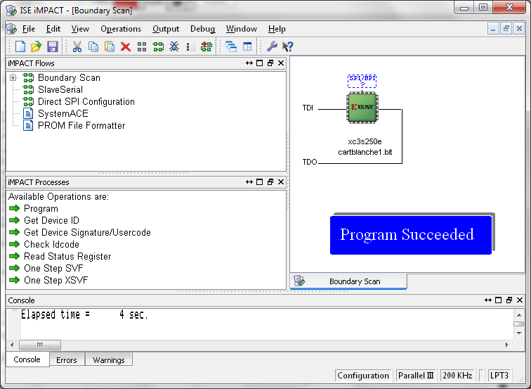 screenshot iMPACT - Boundary Scan showing Program Succeeded