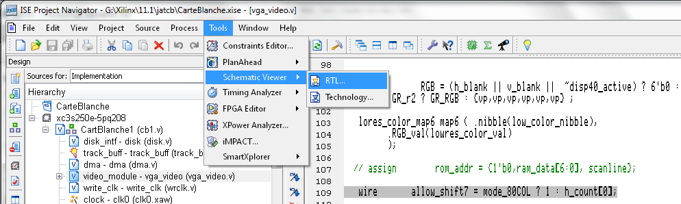 screenshot of Project Navigator with Tools - Schematic Viewer - RTL... selected. In editor section wire allow_shift7 = mode_80COL ? 1 : h_count[0]; is selected
