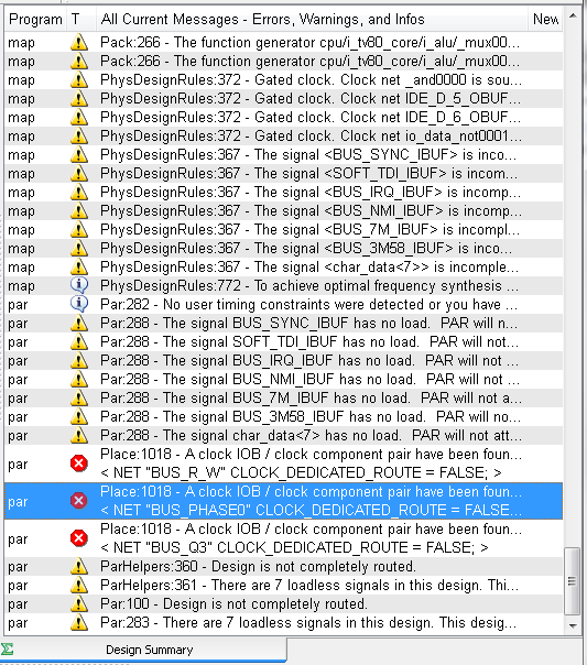 Project messages screenshot showing errors