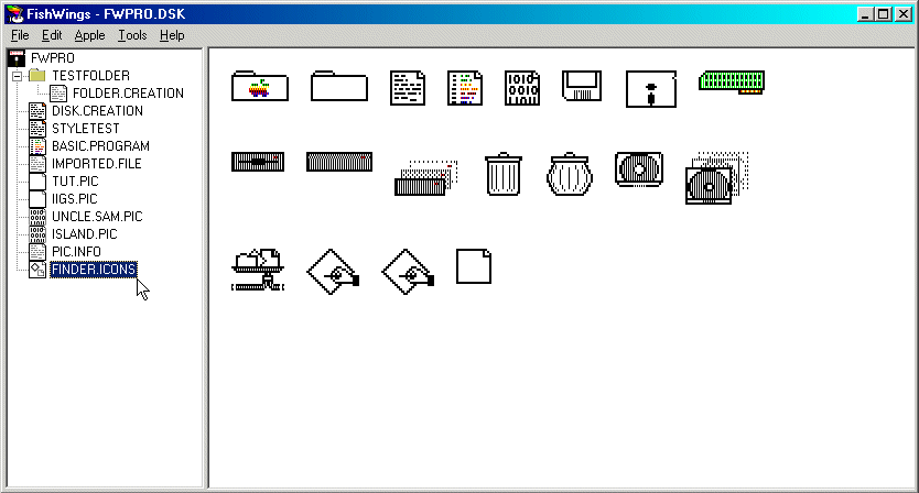 Screen shot of FishWings showing finder icons