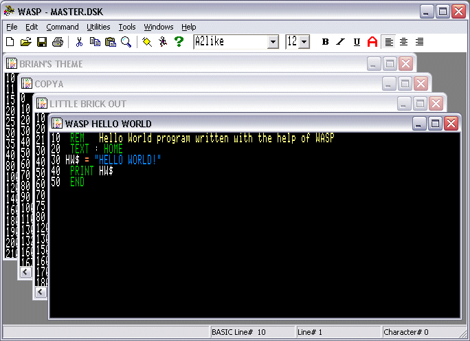 Screen shot of WASP displaying multiple Applesoft file listings